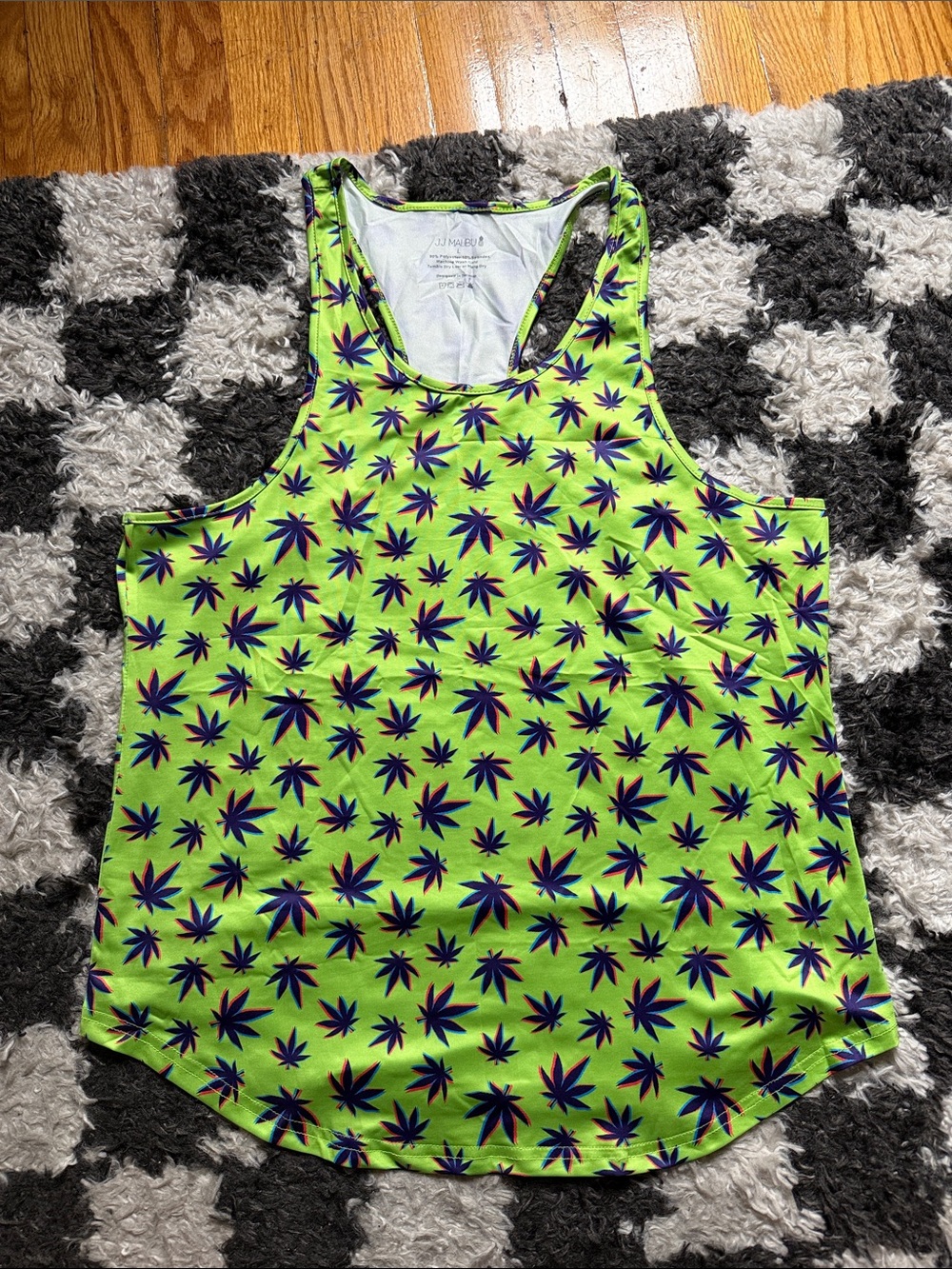 JJ Malibu Neon Green Cannabis Weed Leaf Print Racerback Tank Top Large